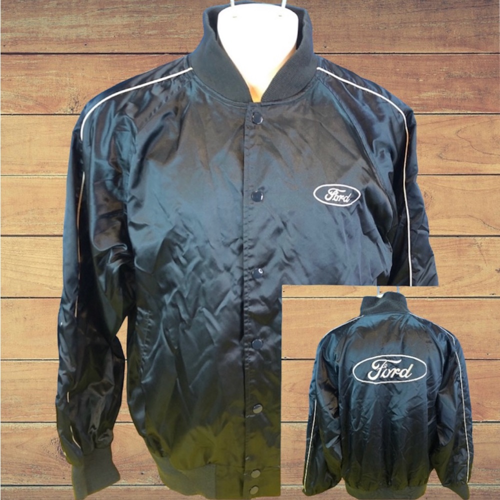 Vintage Ford Motor Company Classics Travelers Satin Snap Bomber Jacket Size L